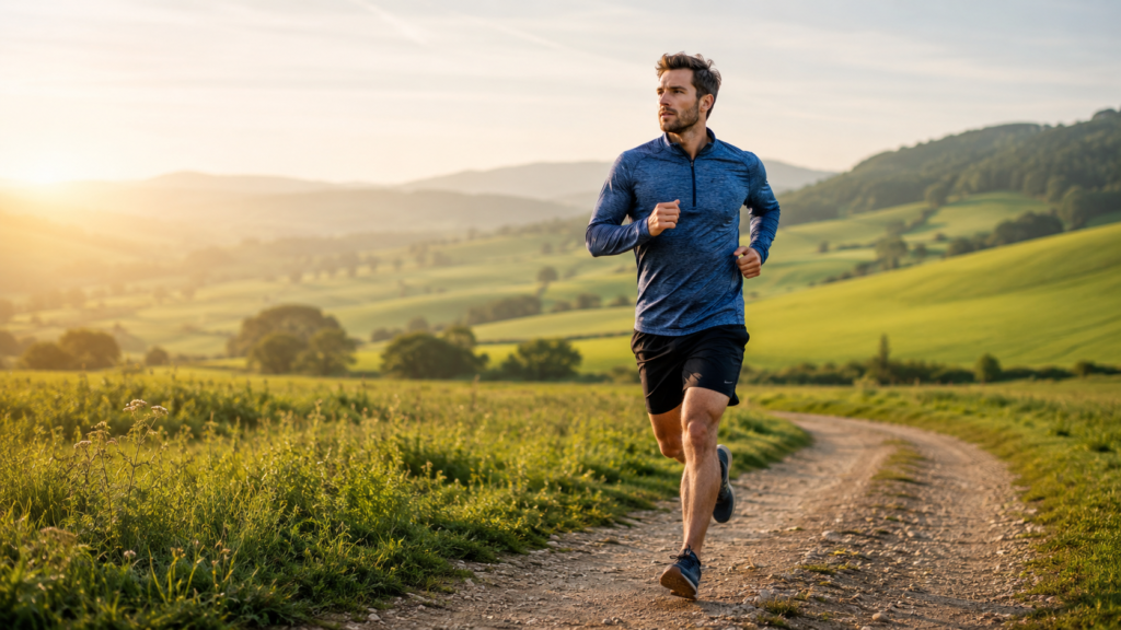 Coureur courant sur un chemin de campagne au lever du soleil, illustrant la reprise du sport