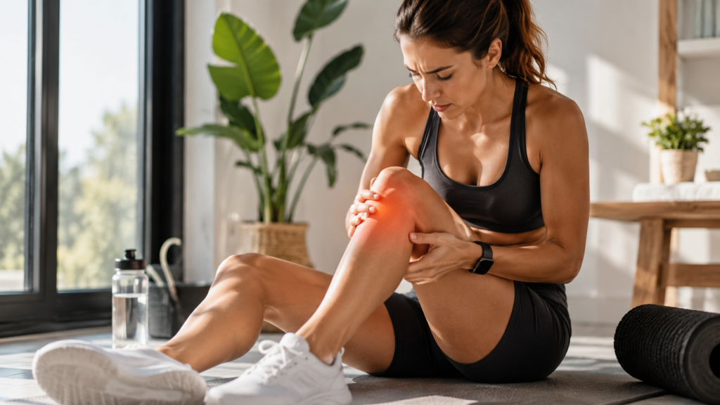Femme sportive assise sur un tapis tenant son genou douloureux, illustrant une tendinopathie